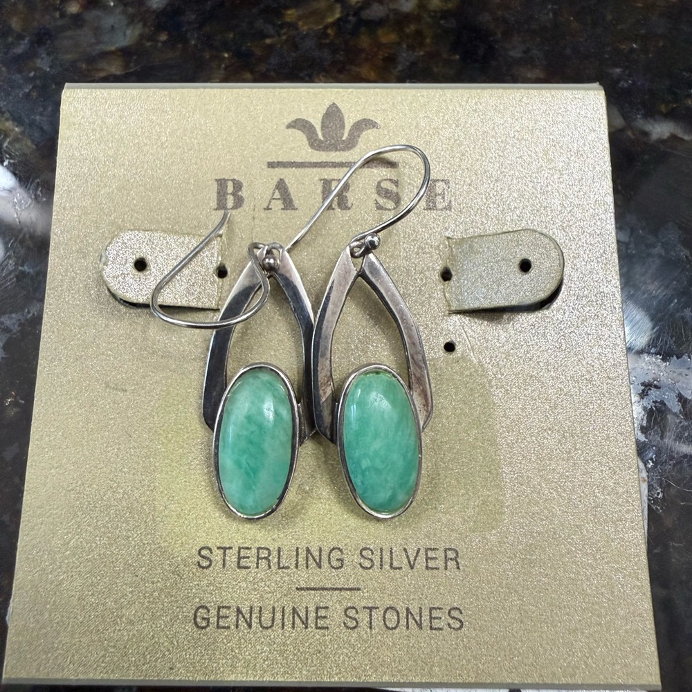 Studio Barse Sterling Silver Earrings with Green Oval Stones 1 inch long